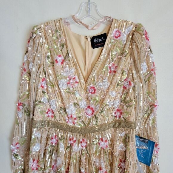 14 MAC DUGGAL FLORAL NEUTRAL TAN BEADED TEA LENGTH Stunning DRESS 5415 NWT - Picture 3 of 13